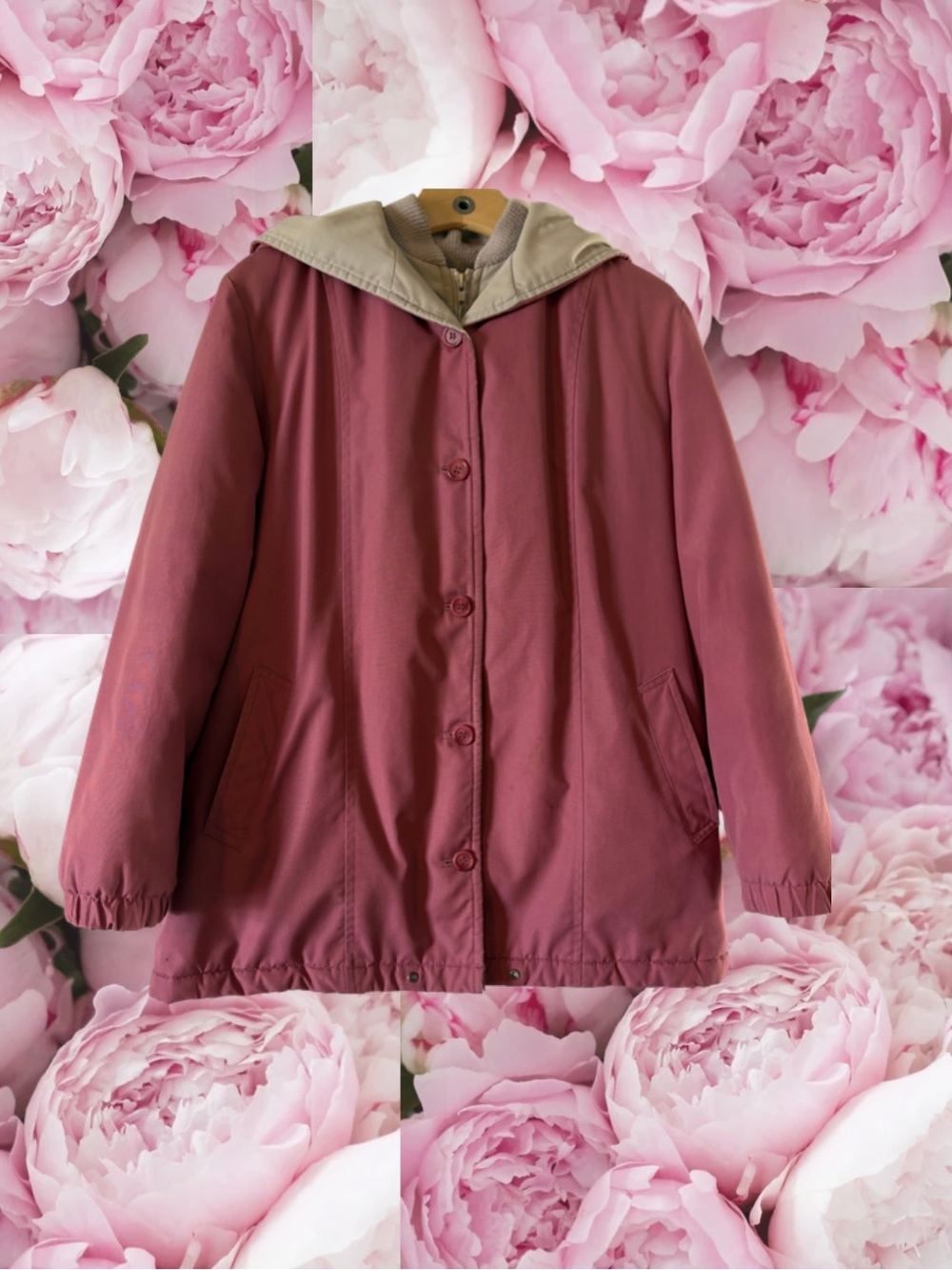 London Fog Jacket Rose Tan Coat Hood Button Up Zipper Women’s Vintage
